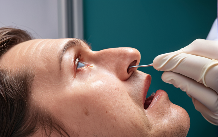 "A close-up photo of a doctor gently using an ear spoon to remove earwax from a patient's ear, with medical instruments visible in the background. The scene is clean and professional."